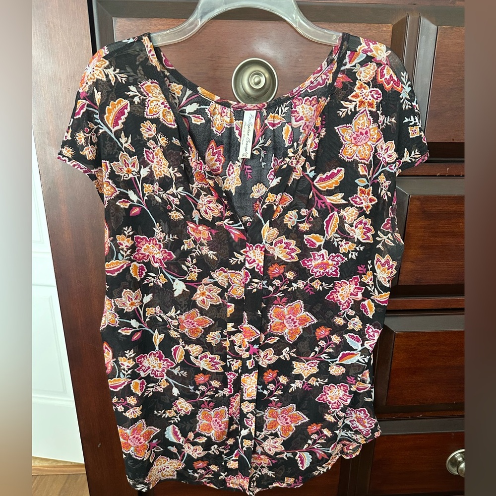 Sheer Mesh Black Floral V-neck Elastic Waist Short Sleeve XL Per Septien Concept